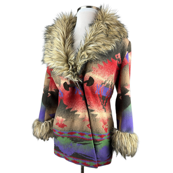 Tasha Polizzi Aztec Southwestern Blanket Coat Faux Fur Hooded Large *NO BELT* - Picture 5 of 16